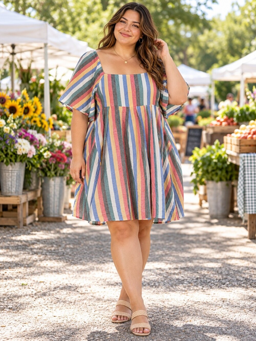 Madewell Festival Stripe Dress 2X Multicolor Cotton Square Neck Flutter Sleeve